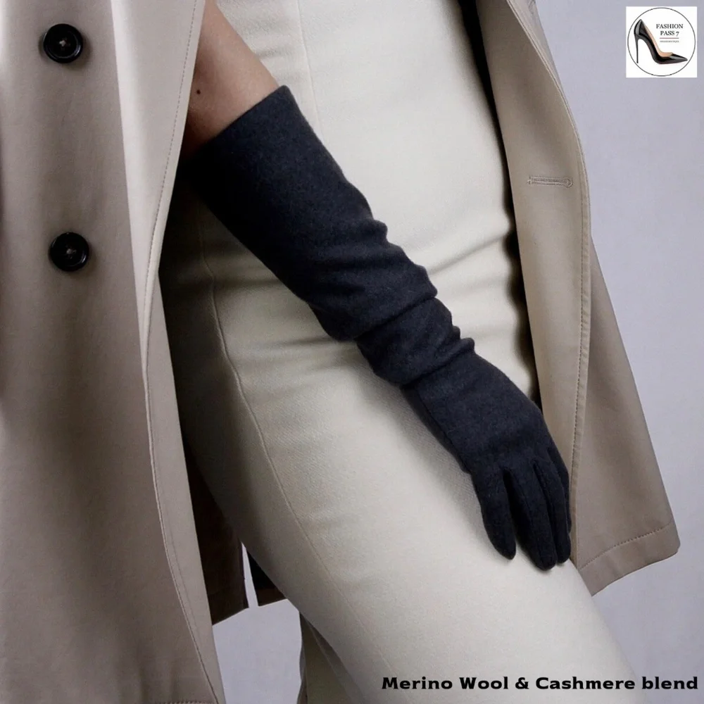 Long Cashmere Merino Wool Gloves Classical Black Opera Driving Winter Warm Glove